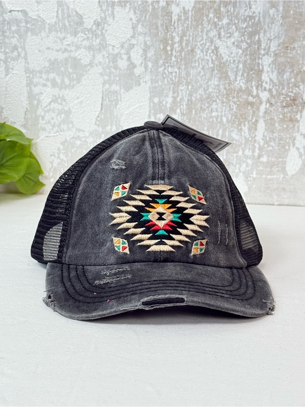 C.C Washed Black Aztec Criss-Cross Ponytail Trucker Hat NWT